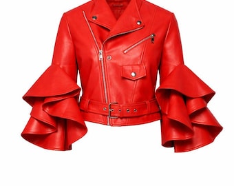 Jaqueta feminina de couro cropped vermelha com mangas franzidas | Estilo motociclista ajustado | Jaqueta estilo motoqueiro