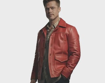 Men's Red Leather Biker Jacket | Fight Club Brad Pitt Movie Cosplay Coat