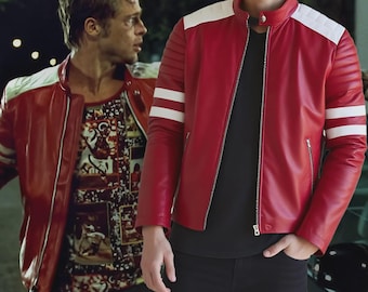 Chaqueta de cuero roja estilo motero para hombre, inspirada en la de Brad Pitt en El Club de la Lucha.
