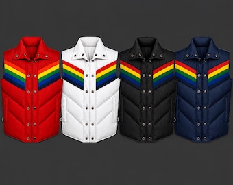 That 70s Show Inspired Puffer Vest, Rainbow Striped Retro Cosplay Jacket