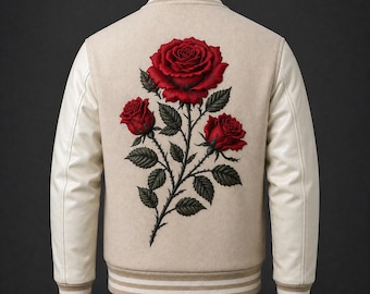 Black Beige Varsity Jacket, Leather Sleeves, Red Rose Embroidery, Streetwear Bomber