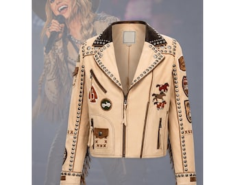 Women's Western Fringe Leather Jacket, Beige Cowgirl Studded Jacket, Embroidered Patch Biker Jacket, Vintage Rodeo Leather Coat, Handmade
