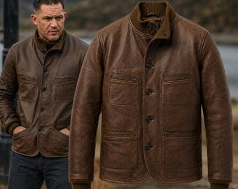 Jaqueta masculina de couro marrom | Jaqueta bomber vintage com gola alta | Casaco de couro feito à mão | Jaqueta quente com punhos canelados | Presente casual