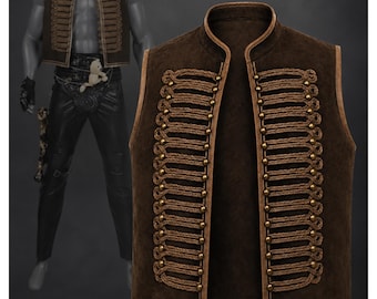 Colete militar masculino em camurça marrom, estilo hussardo com corda trançada, colete vintage estilo faroeste steampunk, colete gótico, fantasia para festivais.