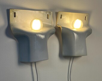 Pair of Handmade Ceramic Wall Sconces, Light Blue & White Matte Glaze, Plug-In Lamps, Bedroom, Living Room, Dining Room Lighting