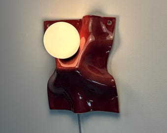 Burgundy Ceramic Wall Sconce, Dimmable Plug-In Accent Light, Easy Install, Sculptural Lighting for Interior Designers