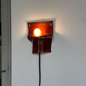 May include: A wall-mounted light fixture with a warm, amber glow. The fixture has a dark brown, organic shape with a bulb at the center. A black cord extends downward. The fixture is mounted on a white wall.