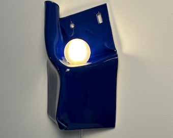 Cobalt Blue Ceramic Wall Sconce, Plug-In or Hardwired Dimmable Lamp, Handmade Sculptural Wall Light, Modern Accent Lighting, Hardwire Sconce
