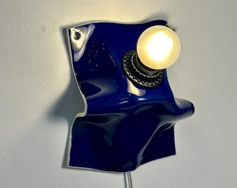 Handmade Cobalt Blue Ceramic Sconce, Plug-In Dimmable Wall Lamp, Modern Art Lighting