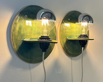 Set of 2 Handmade Green Ceramic Plug-in Wall Sconces, Dimmable Ambient Lighting