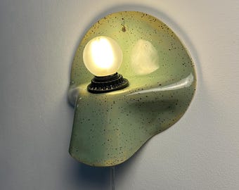 Green Ceramic Wall Sconce, Sculptural Plug-In Wall Light, Handmade Bedroom & Bedside Lamp, Modern Wall Decor, Organic Home Lighting