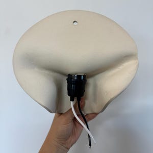 May include: A wall-mounted light fixture featuring a matte off-white ceramic shade with a soft, organic, folded shape. The center includes a black plastic light socket with one white wire and one black wire extending downward for electrical connection.