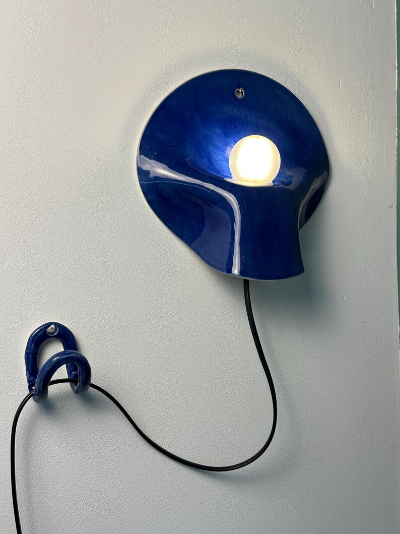 Blue Ceramic Wall Sconce, Plug-In or Hardwired Wall Light, Crystal Glaze, Unique Handmade Finish, Modern Dimmable Lamp, Bedroom Lighting image 9