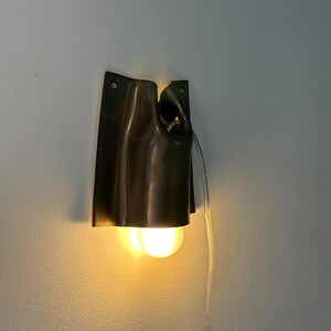 May include: A dark brown, curved metal wall sconce with a smooth, folded silhouette. The fixture features a single exposed light bulb emitting a warm, yellow glow from the bottom opening. A clear electrical cord hangs down from the side of the unit.