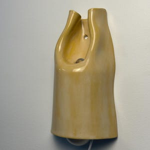 Pu&ograve; includere: Una lampada da parete in ceramica con una finitura lucida color giallo pallido. L'oggetto presenta una forma allungata, organica e asimmetrica con una sezione superiore scavata, un piccolo foro di montaggio circolare e un sottile cavo elettrico trasparente.