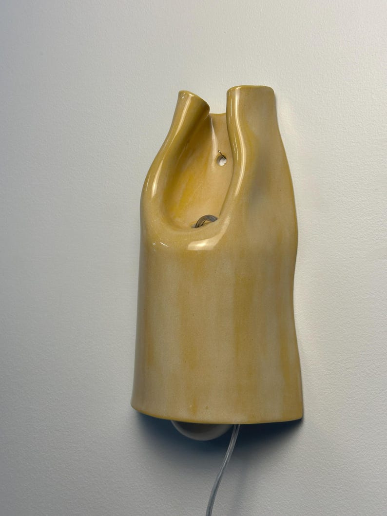 Pu&ograve; includere: Una lampada da parete in ceramica con una finitura lucida color giallo pallido. L'oggetto presenta una forma allungata, organica e asimmetrica con una sezione superiore scavata, un piccolo foro di montaggio circolare e un sottile cavo elettrico trasparente.