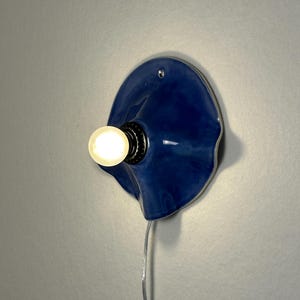 May include: A blue ceramic wall sconce with a bulb. The sconce has a unique, organic shape and a glossy finish. The bulb is lit, emitting a warm glow. A clear cord extends from the sconce.