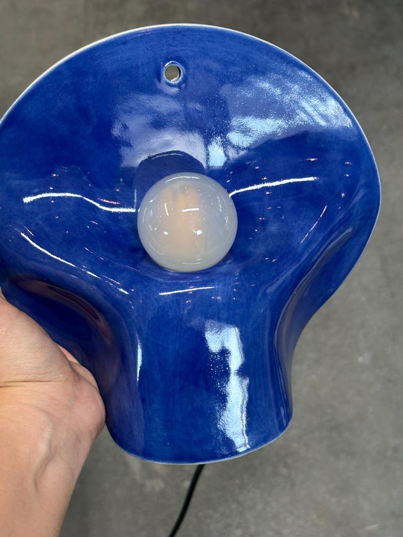 Blue Ceramic Wall Sconce, Plug-In or Hardwired Wall Light, Crystal Glaze, Unique Handmade Finish, Modern Dimmable Lamp, Bedroom Lighting image 3