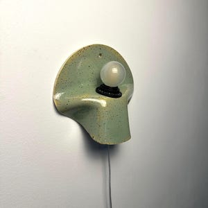 Puede incluir: Un aplique de pared con una base de cer&aacute;mica curva de color verde claro moteado y acabado liso. Una bombilla peque&ntilde;a, redonda y de vidrio esmerilado blanco est&aacute; asegurada en un casquillo negro centrado en la forma cer&aacute;mica, con un cable fino.