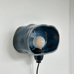 May include: A blue ceramic wall sconce with a bulb. The sconce has a unique, organic shape and a glossy finish. The interior of the sconce is a darker shade of blue. The bulb is white and round, and the fixture has a black base and cord.