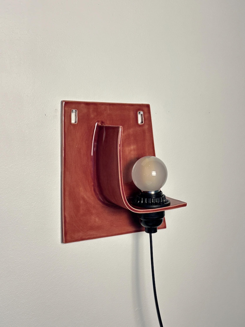 Handmade Burgundy Ceramic Wall Sconce, Plug-In Ambient Light Fixture image 2