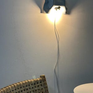 May include: A light blue wall-mounted lamp with a wavy, organic shape and a central light bulb emitting a warm glow. A thin white power cord extends downward from the fixture, connecting to a small clear switch near the bottom of the wall.