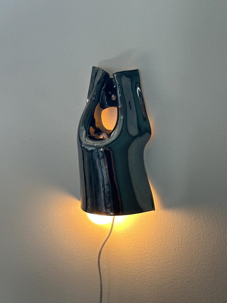 May include: A dark, glossy, ceramic wall sconce with a smooth, curved, abstract form. The fixture features a central cutout and emits a warm, glowing light from its base, casting a soft illumination downwards. A thin power cord hangs from the bottom.