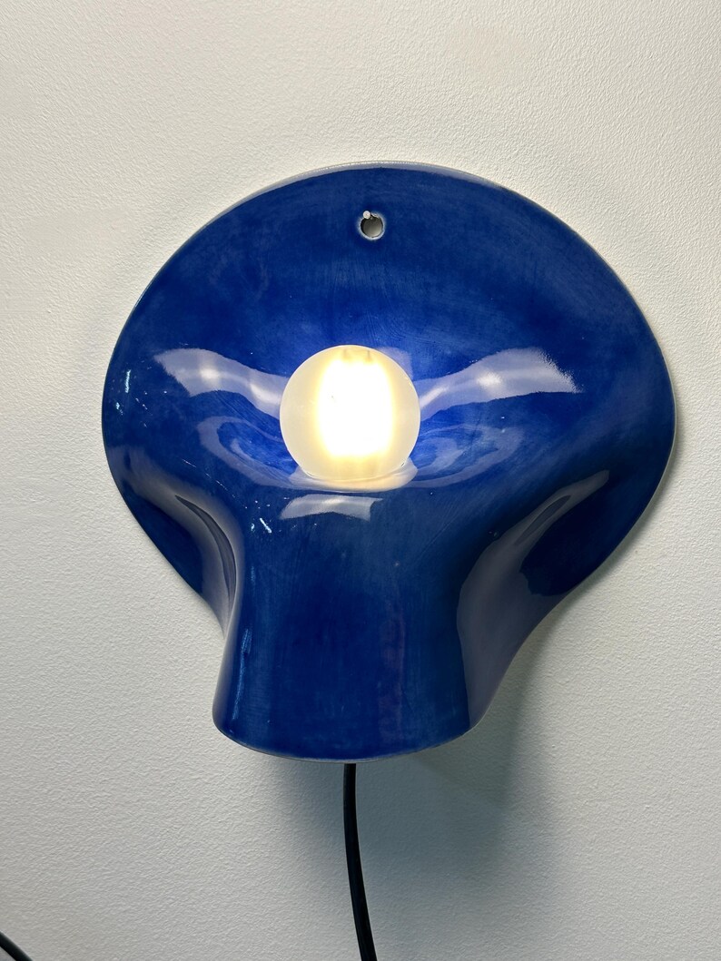 Blue Ceramic Wall Sconce, Plug-In or Hardwired Wall Light, Crystal Glaze, Unique Handmade Finish, Modern Dimmable Lamp, Bedroom Lighting image 10