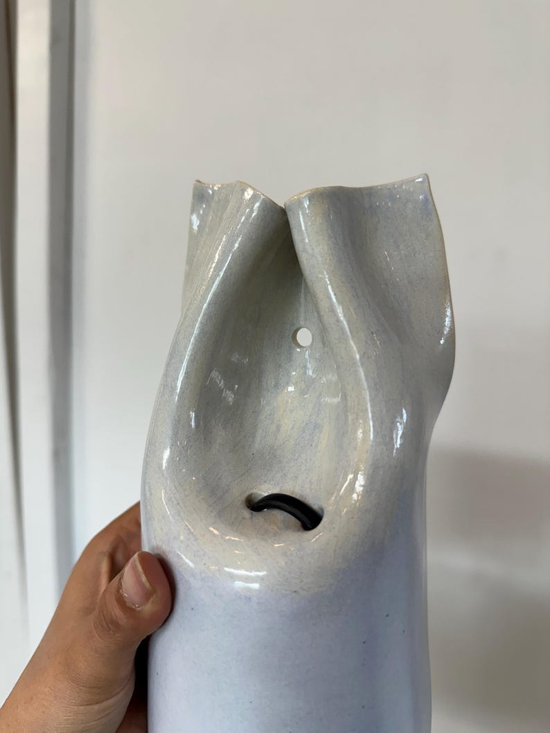 May include: A light blue ceramic wall vase with a glossy finish and an organic, folded shape. The piece features a small circular hole near the top for mounting and a larger opening below containing a black rubber ring insert for holding stems.