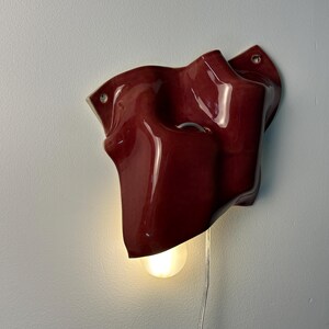 Puede incluir: Una l&aacute;mpara de pared con una pantalla de cer&aacute;mica de color rojo intenso brillante con una forma org&aacute;nica, irregular y ondulada. El aplique incluye una bombilla expuesta que emite una luz c&aacute;lida y un cable de alimentaci&oacute;n transparente.