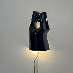 May include: A glossy black ceramic wall sconce with a fluid, organic shape featuring a central cutout. The fixture emits a warm, downward-facing light from a bulb housed within the base, and includes a thin, light-coloured power cord extending downwards.