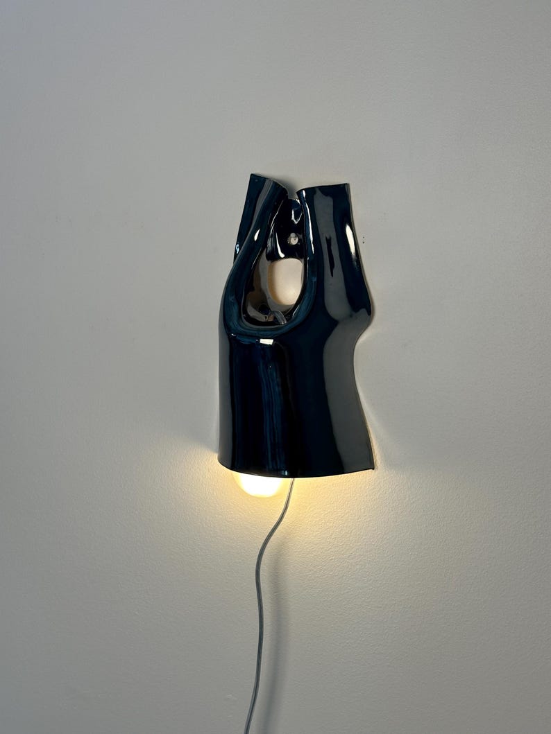 May include: A glossy black ceramic wall sconce with a fluid, organic shape featuring a central cutout. The fixture emits a warm, downward-facing light from a bulb housed within the base, and includes a thin, light-coloured power cord extending downwards.