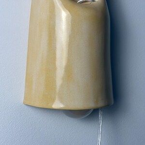Pu&ograve; includere: Una lampada da parete in ceramica con una finitura lucida color giallo senape. Il paralume a forma di campana presenta un'apertura circolare vicino alla parte superiore, che rivela un anello di metallo argentato all'interno. Un cavo trasparente pende.