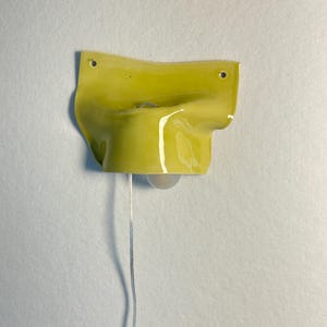 May include: A wall-mounted, chartreuse-colored ceramic lamp with a glossy finish. The lamp has a unique, organic shape with a small light bulb hanging below. A silver-colored wire extends downward from the lamp.