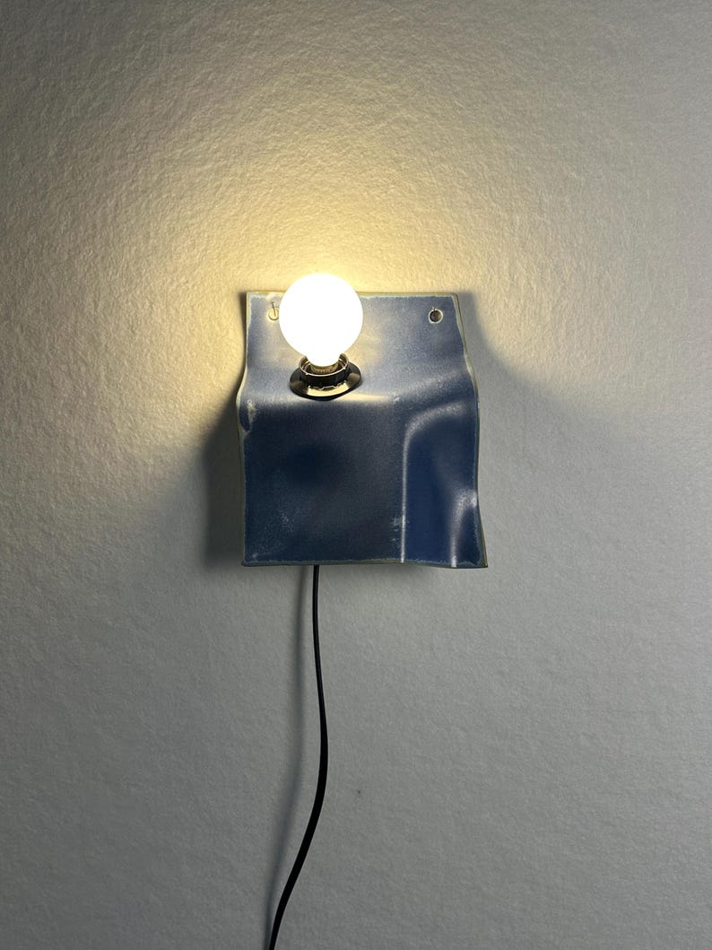 Matte Blue Ceramic Sconce, Plug-In Dimmable Wall Lamp, Minimalist Accent Light image 6