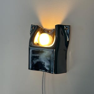 May include: A wall-mounted sconce featuring a glossy, dark charcoal ceramic housing with an organic, folded shape. A single round, warm-toned light bulb is recessed within the center, casting a soft glow upward against the wall surface.