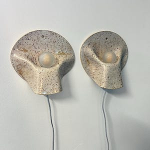 May include: A pair of wall-mounted sconces featuring a speckled cream ceramic shell-like design with a central frosted glass bulb. Each fixture has a curved, organic shape with a small hole at the top for mounting and a thin grey electrical cord.
