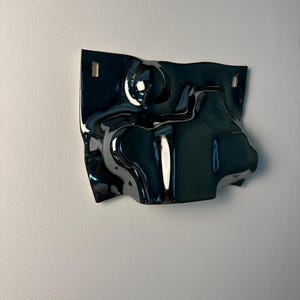 Pu&ograve; includere: Un oggetto scultoreo da parete, scuro e lucido, caratterizzato da una superficie fluida e ondulata. Il pezzo presenta una finitura profonda e riflettente e due aperture rettangolari vicino al bordo superiore per il fissaggio.