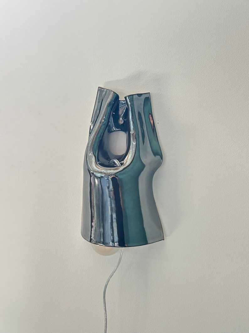 May include: A wall-mounted lamp with a glossy, dark metallic finish and an irregular, fluid shape. The fixture features a central cutout and a curved, reflective surface that catches light, with a thin, clear power cord extending from the bottom.