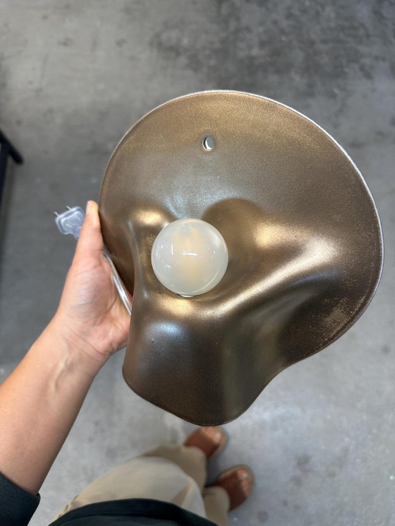 May include: A metallic bronze wall sconce featuring a curved, organic-shaped shade with a smooth finish. A single round, frosted white light bulb is centered on the shade. A small circular mounting hole is visible at the top of the fixture.