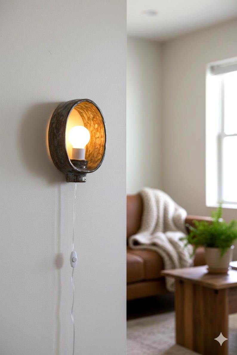 May include: A wall-mounted light fixture with a circular, metallic frame and a warm, golden interior. The fixture houses a lit bulb and is connected to a wall switch via a white cord. The design is modern and suitable for interior decor.