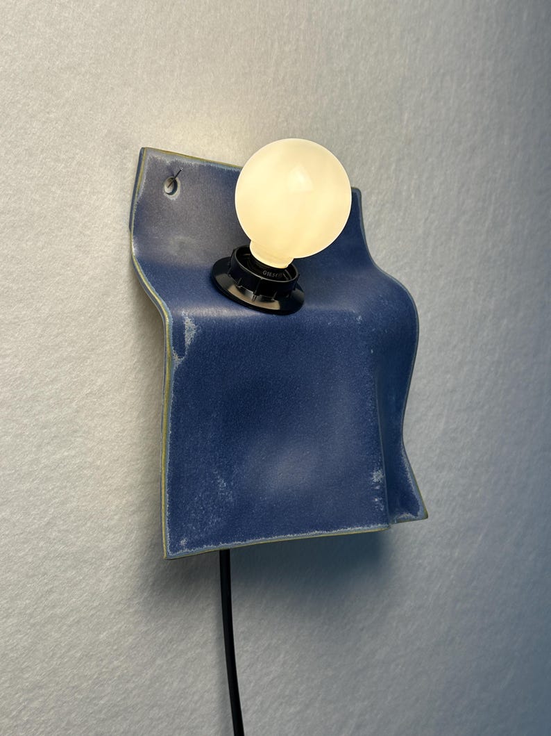 Matte Blue Ceramic Sconce, Plug-In Dimmable Wall Lamp, Minimalist Accent Light image 14