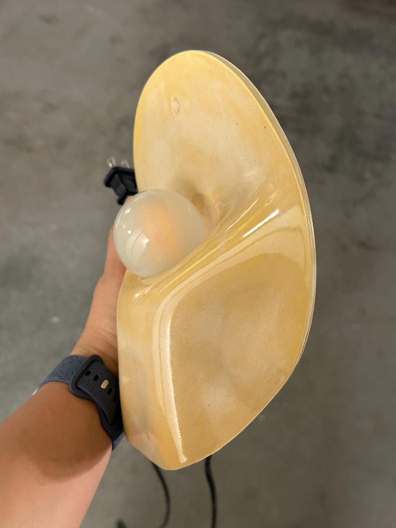 May include: A wall-mounted lamp featuring a smooth, curved, amber-colored resin shade with a glossy finish. The lamp includes a round, frosted white light bulb centered within the shade and a black electrical cord with a standard plug attached.