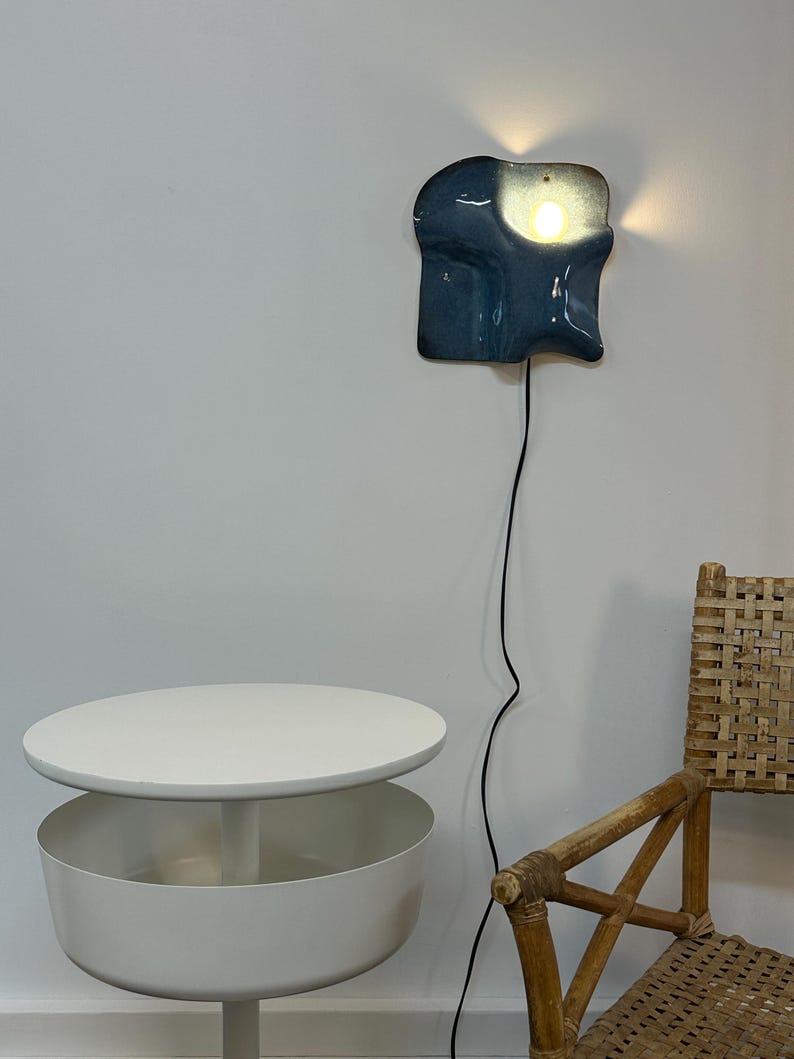 Blue Ceramic Wall Sconce, Plug-In Dimmable Ambient Lamp, Unique Handmade Statement Lighting for Contemporary Interior Design, Accent Lamp image 2