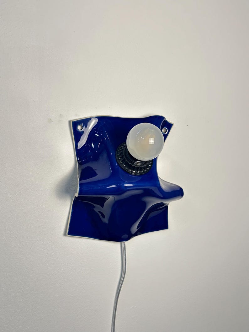Handmade Cobalt Blue Ceramic Sconce, Plug-In Dimmable Wall Lamp, Modern Art Lighting image 15