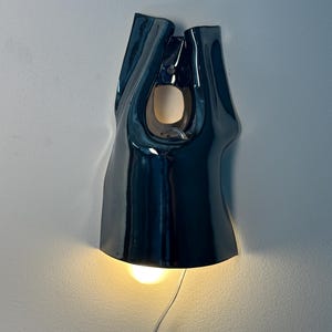 May include: A dark blue, glossy ceramic wall sconce with an organic, fluid shape. The fixture features a central cutout and a downward-facing light bulb that emits a warm glow, with a thin white power cord extending from the bottom of the unit.