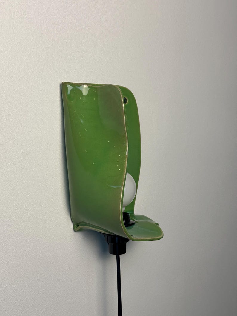 Pu&ograve; includere: Una lampada da parete con un paralume in ceramica verde brillante dalla forma organica e curva. L'apparecchio include una lampadina sferica bianca, un portalampada nero e un cavo di alimentazione nero che scende verso il basso dalla base.