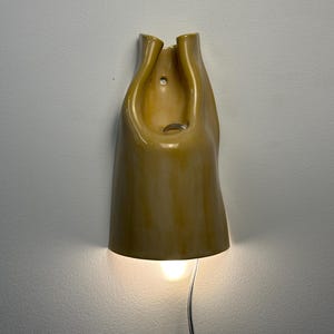 Pu&ograve; includere: Una lampada da parete in ceramica con una finitura lucida color giallo senape. La forma scultorea presenta un design organico e curvo con un'apertura centrale e un piccolo foro per il montaggio. Una lampadina brilla dall'apertura inferiore.