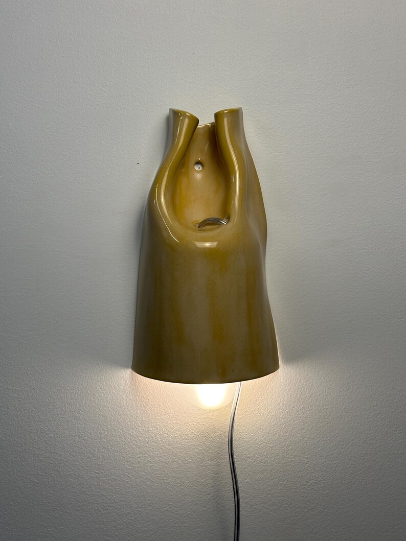 Pu&ograve; includere: Una lampada da parete in ceramica con una finitura lucida color giallo senape. La forma scultorea presenta un design organico e curvo con un'apertura centrale e un piccolo foro per il montaggio. Una lampadina brilla dall'apertura inferiore.