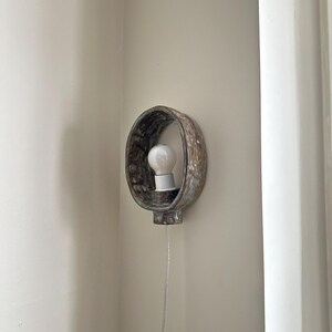 Handmade Oval Ceramic Wall Lamp, Brown Blue Glaze, Plug-in Ambient Light image 6